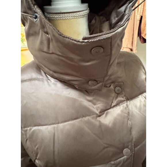 Women’s Long Belted Puffer Coat Sz S Brown Quilted Winter Jacket Removable Hood - Picture 5 of 12